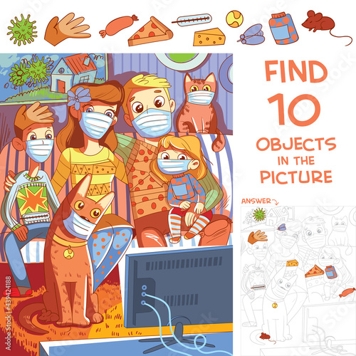 Puzzle Hidden Items. Family sitting at home in protective masks and watching TV