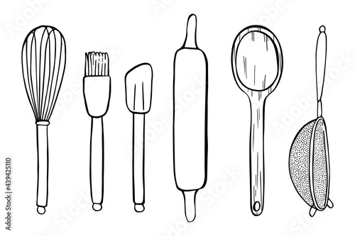 Spatula, whisk, colander, rolling pin, culinary brush on white background.