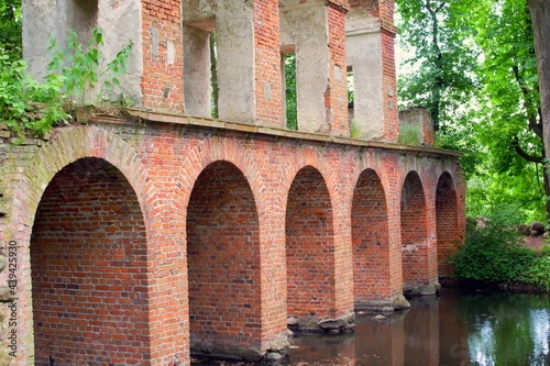 A red brick aqueduct reflecting in the water surface. A red brick aqueduct reflecting in the water surface. The town of Nieborow near Lodz.