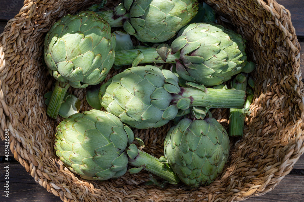 Fototapeta premium Fresh ripe green artichokes heads ready to cook