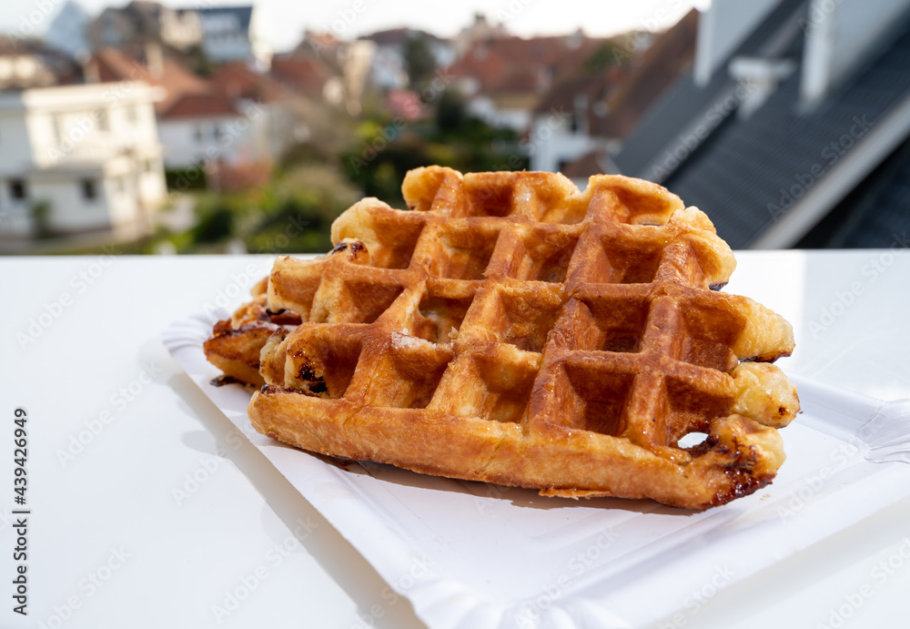 Belgian sugar waffles with black coffee served outdoor Belgian sugar waffles with black coffee served outdoor