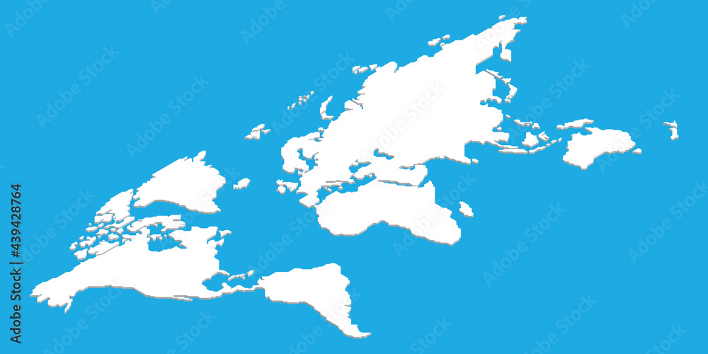 Isometric map of World. White land silhouette on blue background. 3D vector illustration