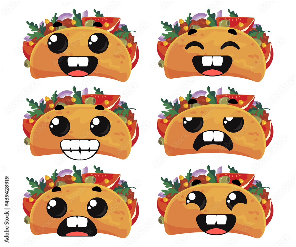 Obraz premium Set tacos with emotions. Children s funny clipart. Vector illustration in cartoon style