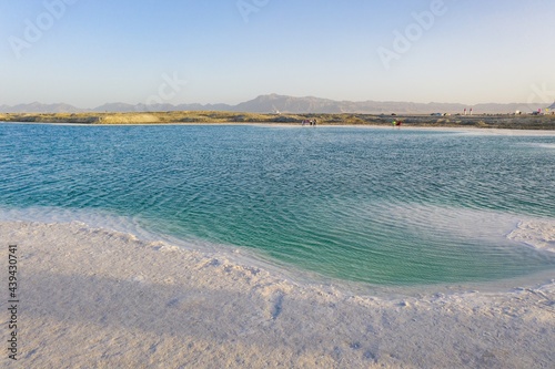 Aerial view of Feicui lake which is a salt lake in Qinghai, China.