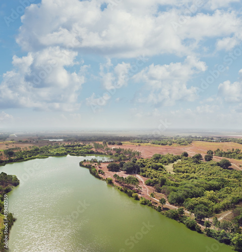 Aerial view of countryside and beautiful lake