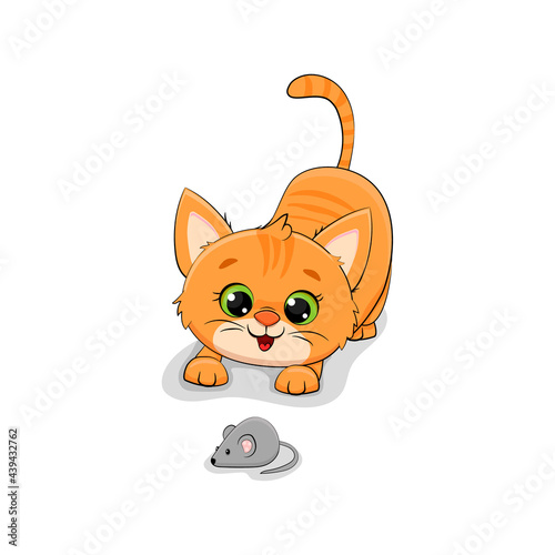 Cute orange cartoon cat looking at mouse isolated on a white background.Vector illustration