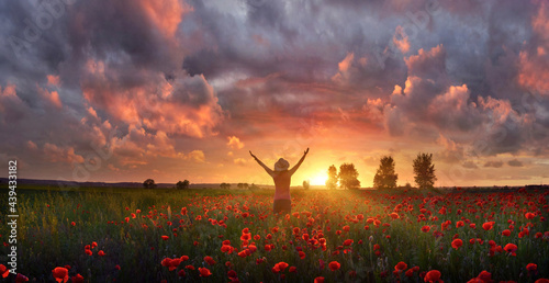 Joyful woman feels delight among poppies at summer sunset