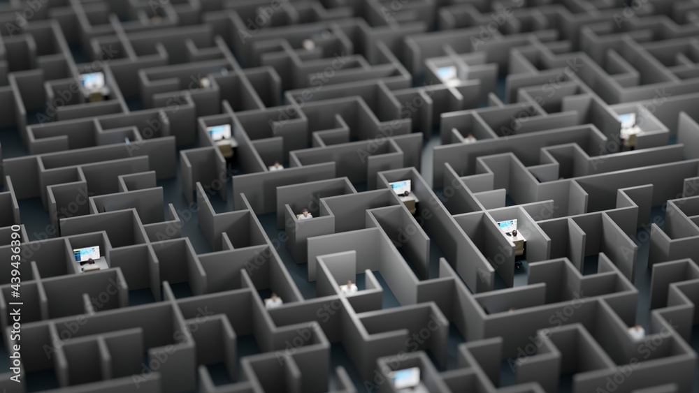 Office workers trapped in a maze. Workaholic, social isolation concept. Digital 3D rendering. Office workers trapped in a maze. Workaholic, social isolation concept. Digital 3D rendering.