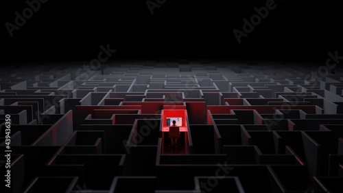 Office worker trapped in a maze. Workaholic, social isolation concept. Digital 3D rendering. photo