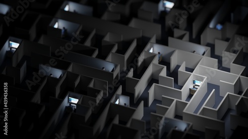 Office workers trapped in a maze. Workaholic, social isolation concept. Digital 3D rendering.