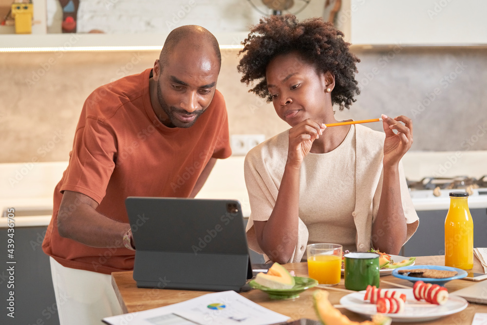 Vegans have breakfast during online work day. Vegans have breakfast during online work day.