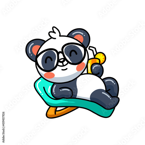 Cute little panda cartoon sunbathing on beach chair