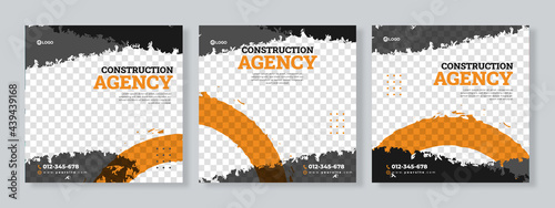Set of three construction agency social media pack template premium vector