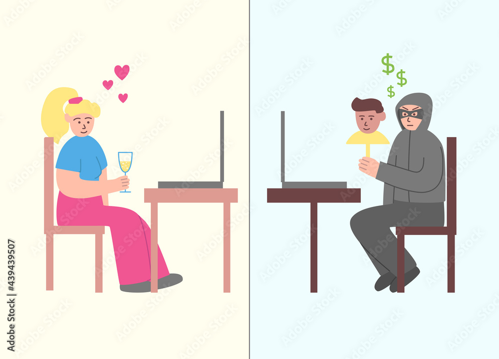 Internet dating scam. Online crime concept illustration