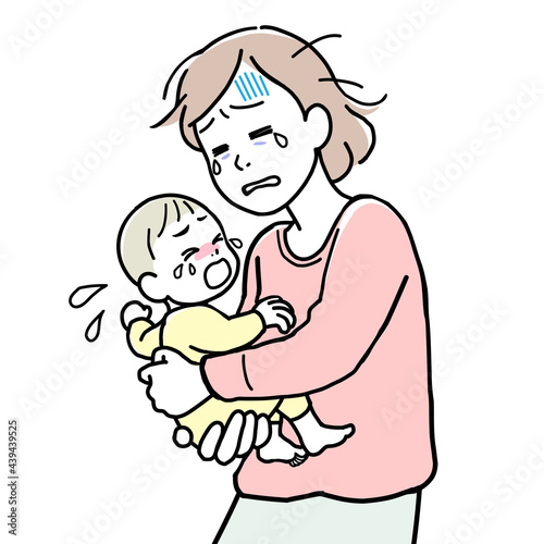 A mother with nervous breakdown, holding her crying baby in her arms