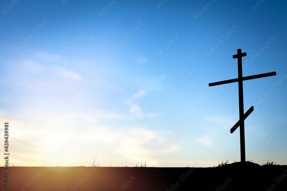 Christian wooden cross on hill outdoors at sunrise. Resurrection of Jesus Christian wooden cross on hill outdoors at sunrise. Resurrection of Jesus