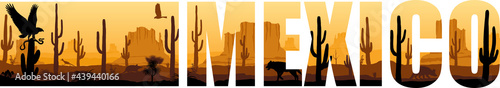 vector panorama of Mexico with eagle, Mexican wolf and roadrunner in desert photo