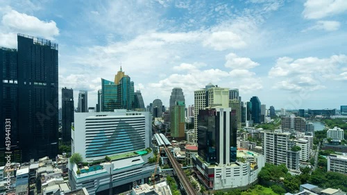 Still, bird eye view, 4k time lapse of moving cloud in blue sky over financial building, hotel, and condominium in Bangkok business district with Bangkok Skytrain and road