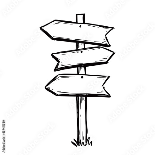 Sketch direction sign. Hand drawn doodle style. Wooden signpost. Vector illustration.