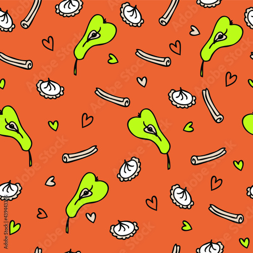 Doodle seamless pattern of sweet cream cakes and pears. Perfect for scrapbooking, textile and prints. Hand drawn vector illustration for decor and design.

