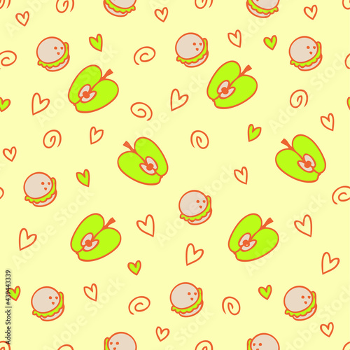 Fototapeta Naklejka Na Ścianę i Meble -  Doodle seamless pattern of cake macaroons and apples. Perfect for scrapbooking, textile and prints. Hand drawn vector illustration for decor and design.
