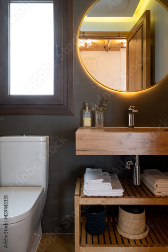 Shelves with toiletries near toilet and mirror photo