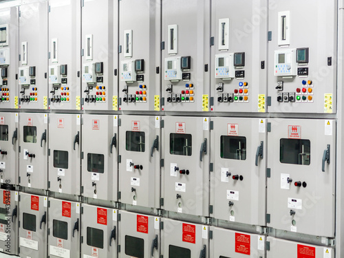 Electrical switchgear, Industrial electrical switch panel at substation in industrial zone at power plant photo