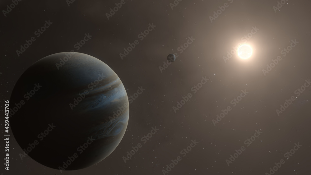 Planet in Space — A 3D illustration rendering of a planet in outer space. Part of a solar system. Planet, sun, and moon. 
