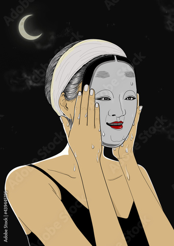 A girl wearing Noh Mask