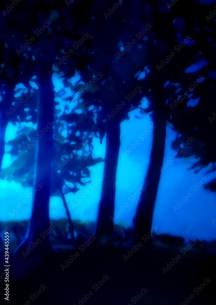 暗い神秘的な森の中の背景 青 暗い神秘的な森の中の背景 青