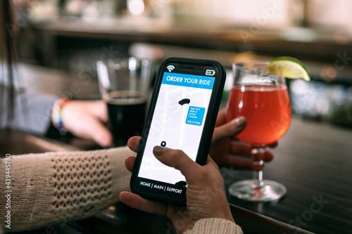 Brewery: Woman Uses Smart Phone To Order Ride Share photo