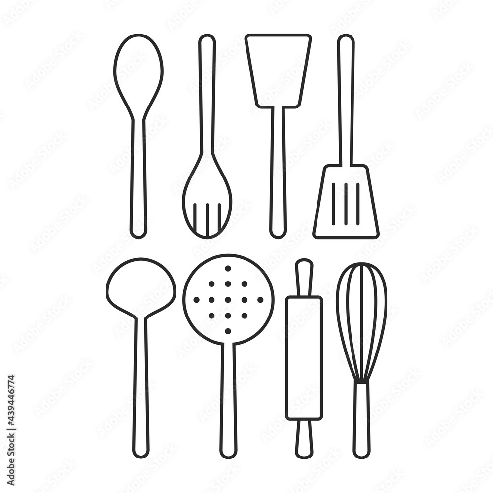 Kitchen Tool Icon Vector Set. Spatula, Rolling Pin, Whisk, Ladle, Skimmer Vector. Outline Vector Kitchen Tool Icon Vector Set. Spatula, Rolling Pin, Whisk, Ladle, Skimmer Vector. Outline Vector