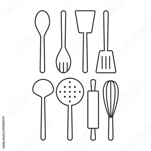 Kitchen Tool Icon Vector Set. Spatula, Rolling Pin, Whisk, Ladle, Skimmer Vector. Outline Vector
