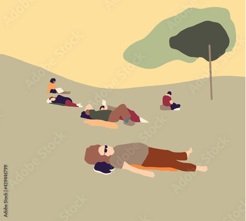 People social distancing in the city park relaxing safely outdoors, coronavirus covid-19 prevention. Flat vector hand drawn concept outdoor recreation.