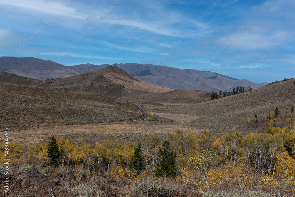 Overview from Monitor Pass in California, USA,  showig rocky terrain of the Sierra Nevada and partly cloudy sky in the Autumn, featuring yellow aspen foliage and lots of sky copy-space 