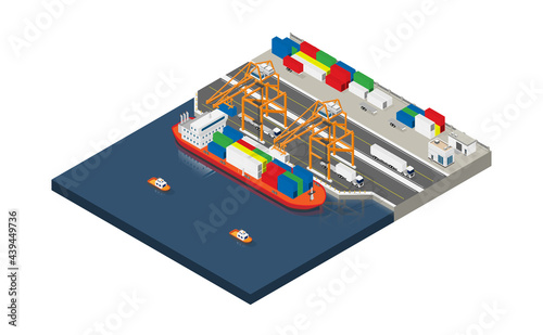 Container ship in export and import business and logistics. Shipping cargo to harbor by crane