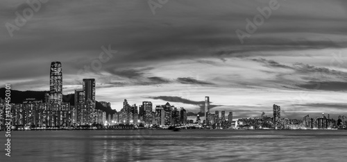 Photography Panorama of Victoria harbor of Hong Kong city at dusk