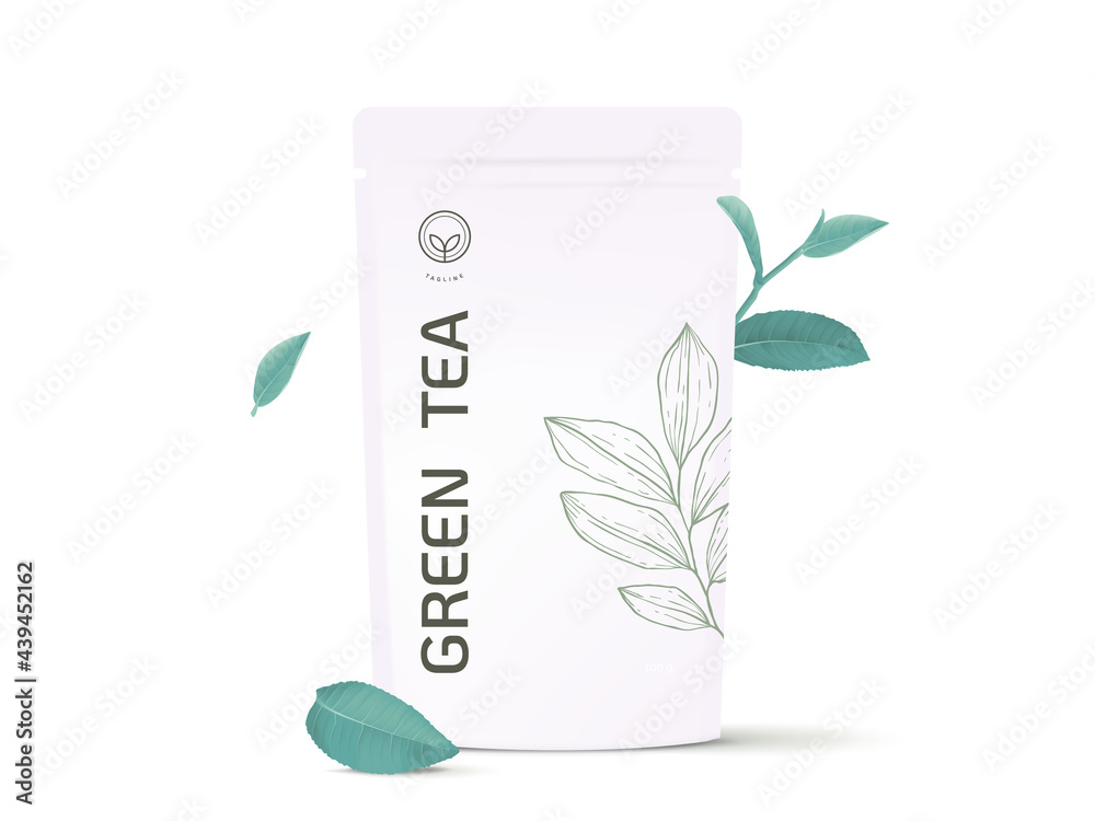 Product mockup template design, green tea bag decorated with green tea