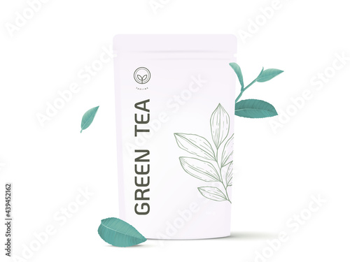 Product mockup template design, green tea bag decorated with green tea leaves