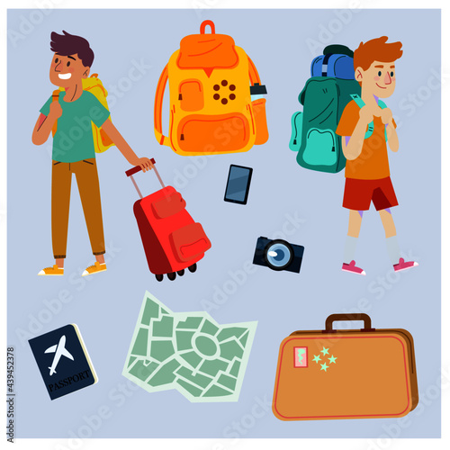 Ilustración de jóvenes viajeros con todo lo necesario para la vacaciones  (ID: 439452378)