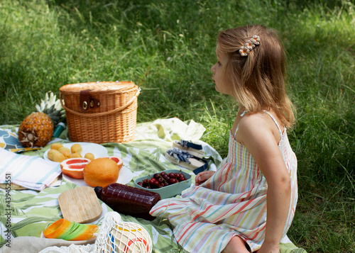 Cute, little girl on a picnic in the park photo