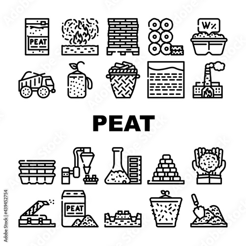 Peat Fuel Production Collection Icons Set Vector. Thermal Power Plant And Manufacturing Factory, Truck Carrying And Cassette Peat Contour Illustrations