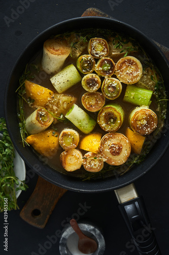 Stewed appetizing vegetables in frying pan