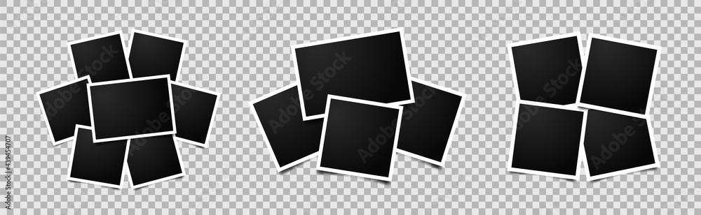 Set of empty photo frames compositions. Realistic vector mockups. Retro photo frames with shadow isolated on transparent background.