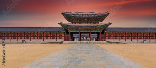 Gyeongbok palace in Seoul City, Gyeongbokgung palace landmark of Seoul, South Korea, Korean wooden traditional house in Gyeongbokgung the main royal palace of Joseon dynasty. photo