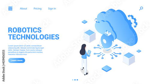 Robotics technology. Technological concept. Cloud artificial intelligence, robot helper, virtual assistant. Vector illustration in isometric style. Isolated on white background.