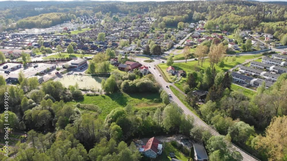 4K Aerial Footage Rotating Over the Town of Lerum in Vastra Gotaland, Sweden