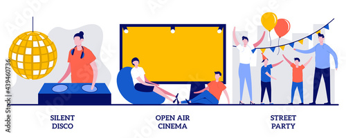 Silent disco, open air cinema, street party concept with tiny people. City entertainment vector illustration set. Club event, DJ set streaming, movie theater, buy ticket online, outdoor fun metaphor