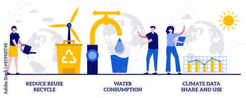 Reduce reuse recycle, water consumption, climate data share and use concept with tiny people. Save the planet vector illustration set. Upcycling program, weather forecast, overconsumption metaphor