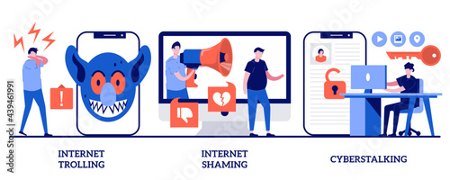 Internet trolling, digital shaming, cyberstalking concept with tiny people. Social media aggressive behavior abstract vector illustration set. Internet harassment, mental abuse, cyber crime metaphor